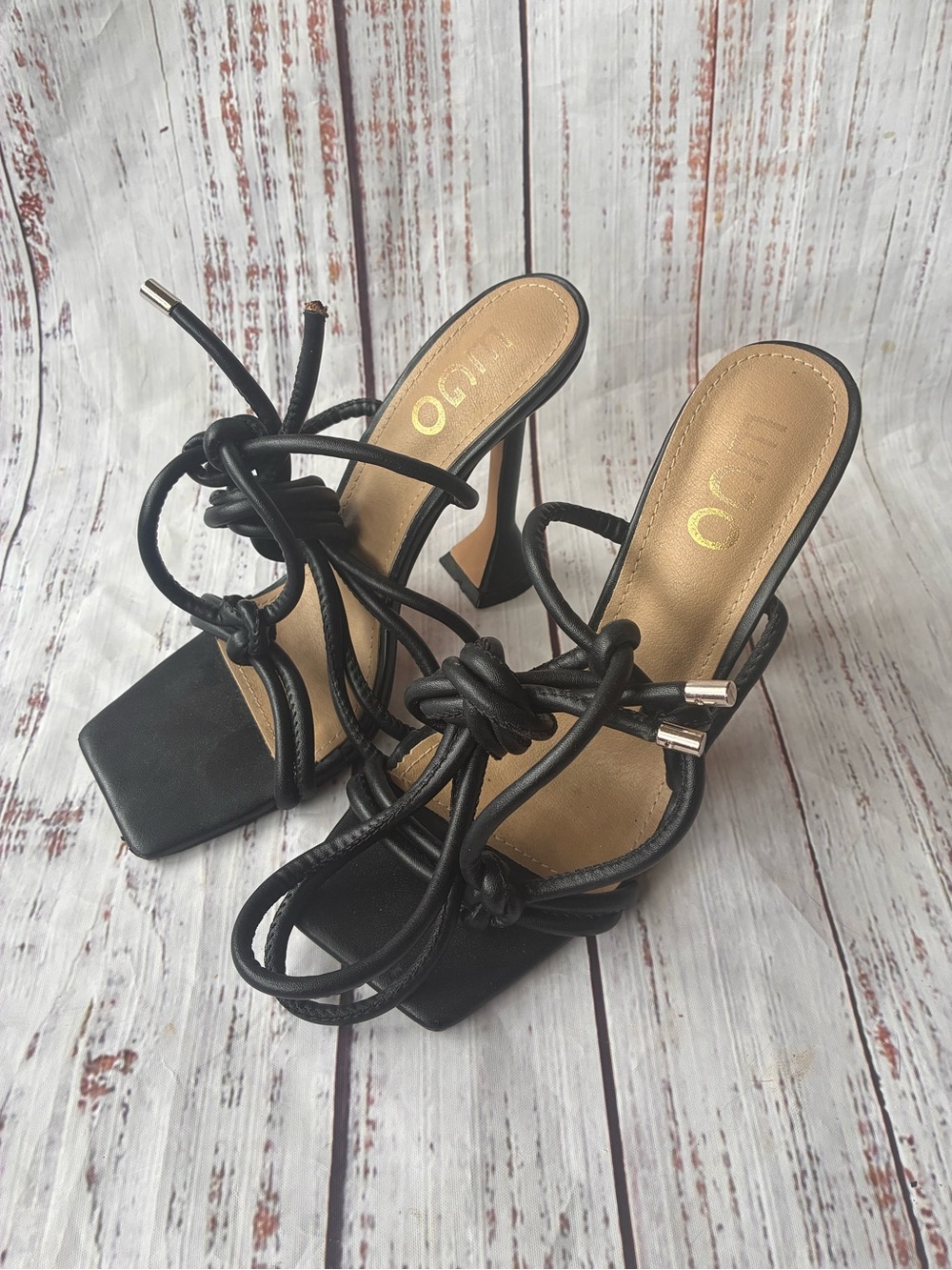 EGO Black Strappy Knot High-Heel Sandals Size 5